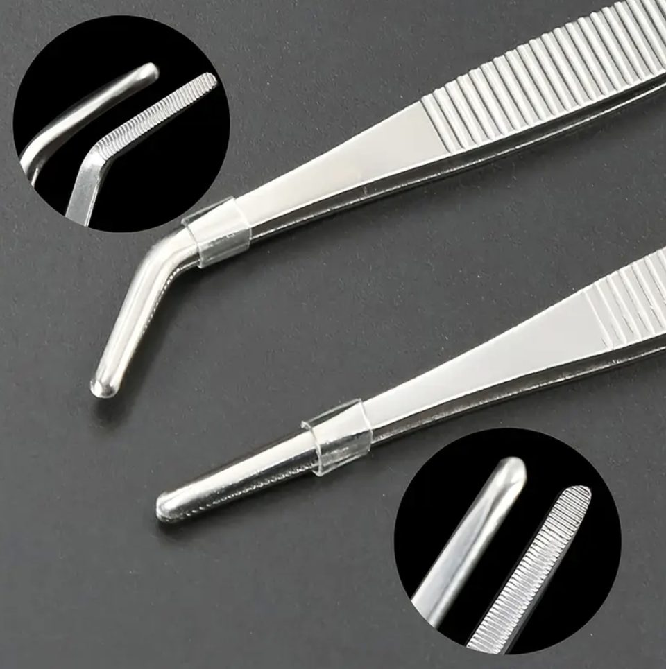 25cm Stainless Steel Aquarium Feeding Tongs, Curved Tweezers and Straigh